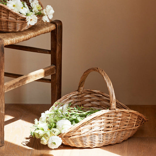 Handwoven Wicker Harvest Basket with Handle, Natural Storage and Picnic Basket