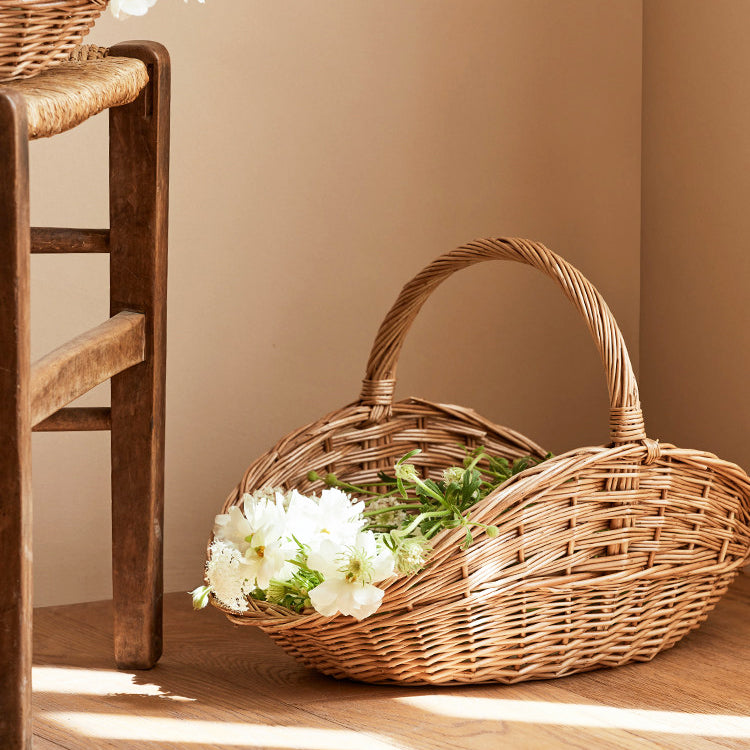 Handwoven Wicker Harvest Basket with Handle, Natural Storage and Picnic Basket