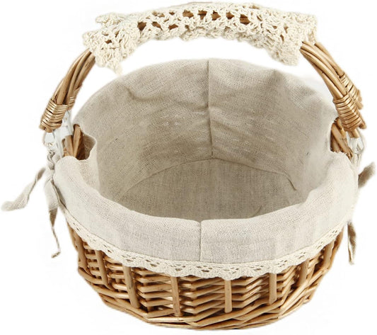 Wicker Basket with Handles, Woven Willow Storage Basket for Picnic,Decoration,Gift,Wedding (Beige Lace)