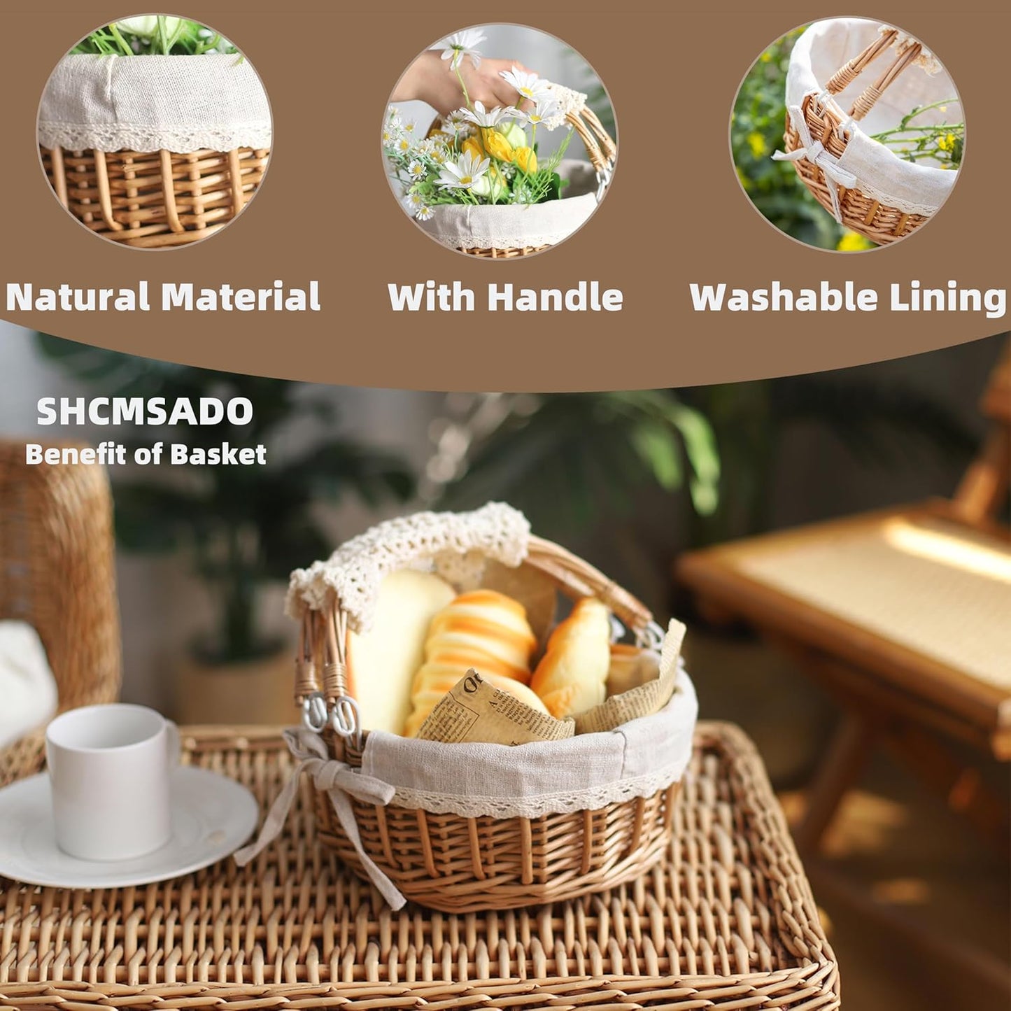Wicker Basket with Handles, Woven Willow Storage Basket for Picnic,Decoration,Gift,Wedding (Beige Lace)