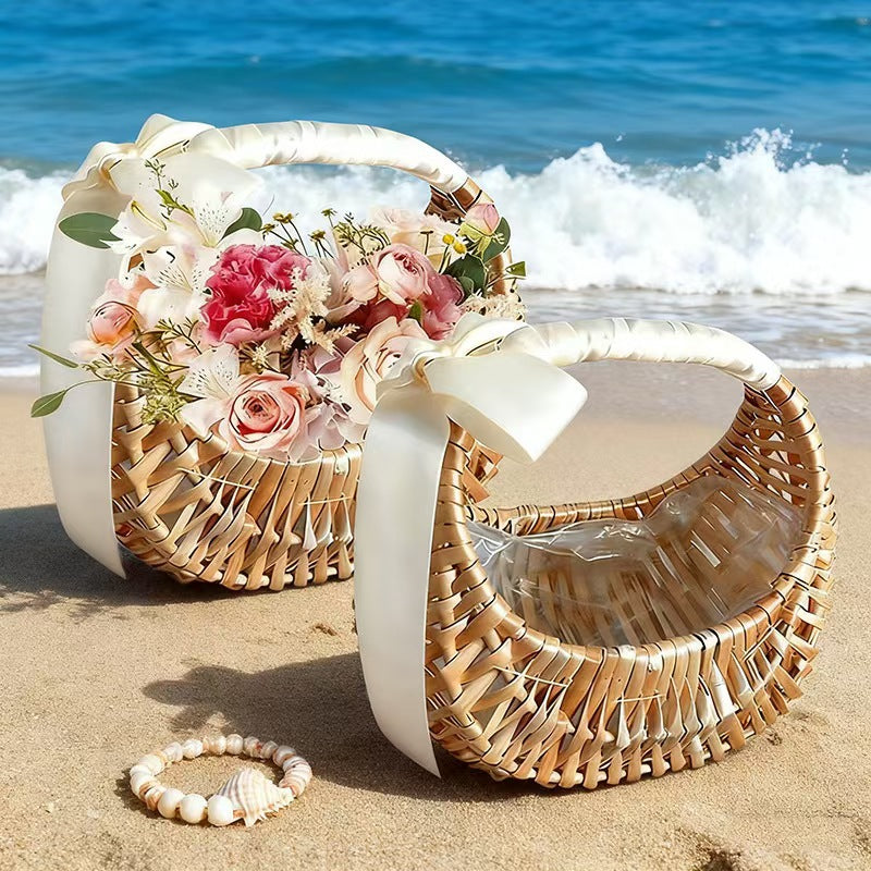 Small Gift Wicker Picnic Basket with Handle,Willow Flower Girl Basket for Weddings,Garden and Home Decor -Wicker Storage Basket-Natural