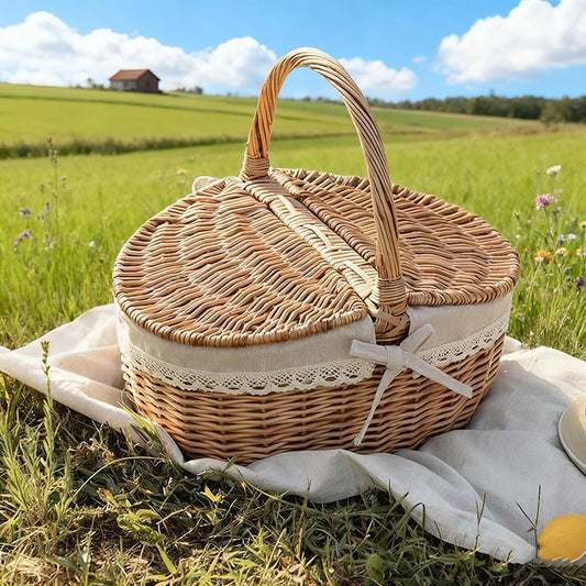 Wicker Picnic Basket with Handle, Garden and Home Decor -Wicker Storage Basket-Natural