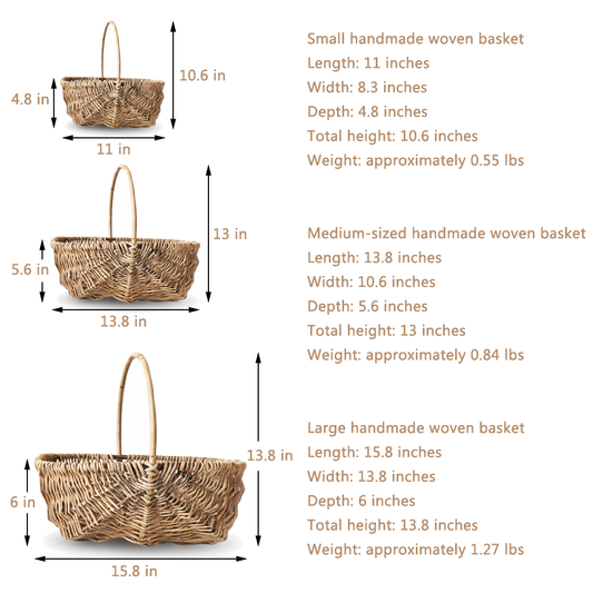 3 PCS Picnic Basket Natural Solid Wicker Storage Basket Fit Garden and Home Decor, Rustic Willow Fruit Vegetable Trug Basket  for Picnics, Camping, Veg Picking, Outdoor, Weddings, Mother's Day, Thanksgiving