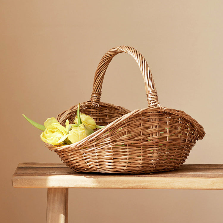 Handwoven Wicker Harvest Basket with Handle, Natural Storage and Picnic Basket
