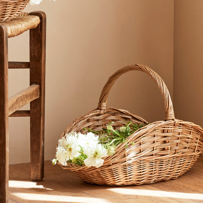 Handwoven Wicker Harvest Basket with Handle, Natural Storage and Picnic Basket