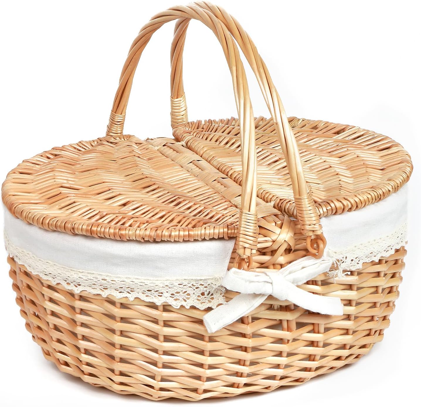 Wicker Picnic Basket for 2 with Lid - Unique Gifts Ideas for Couple, Engagement, Wedding, Bridal Shower, Family, Christmas - White Elephant Gifts for Adults