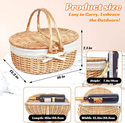Wicker Picnic Basket for 2 with Lid - Unique Gifts Ideas for Couple, Engagement, Wedding, Bridal Shower, Family, Christmas - White Elephant Gifts for Adults