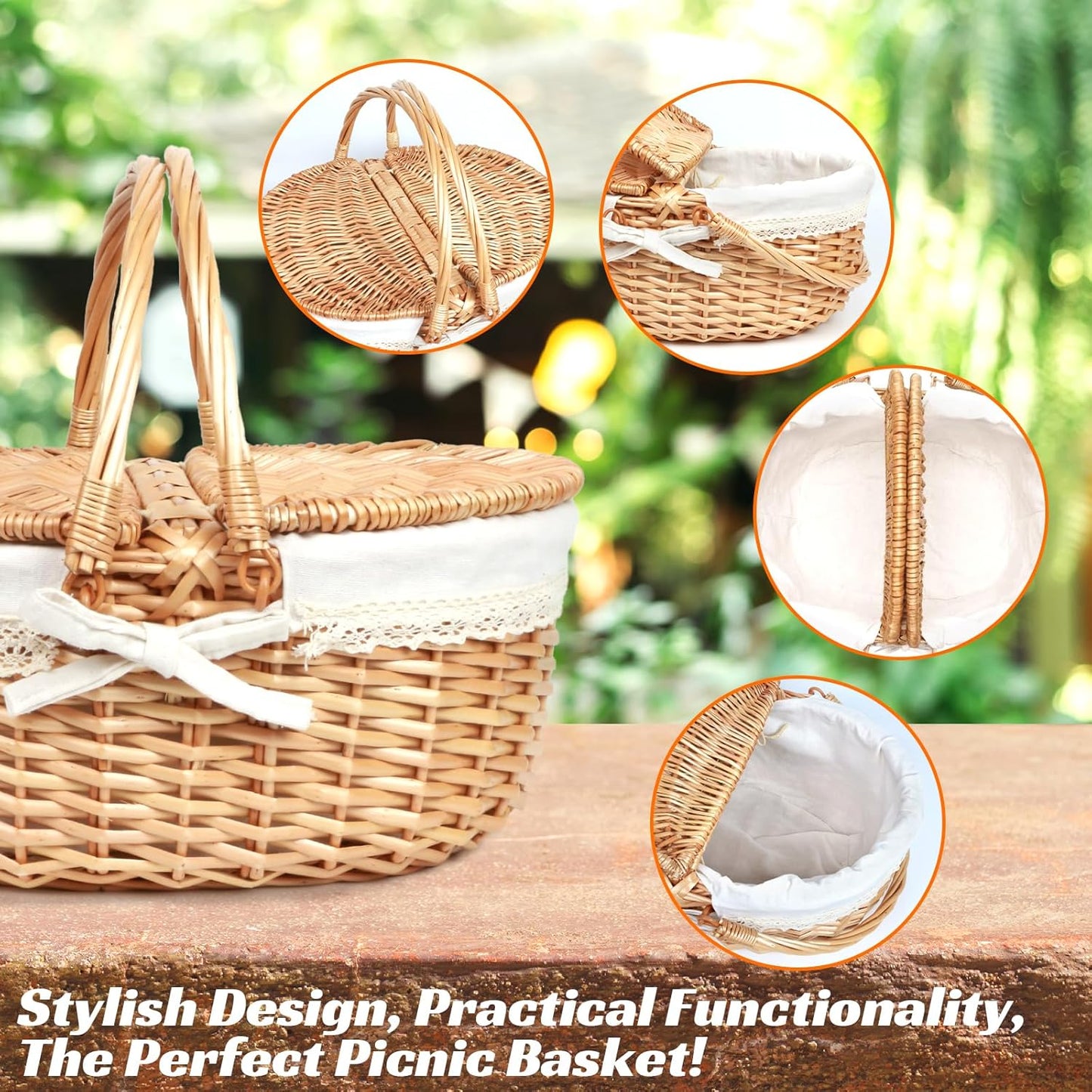 Wicker Picnic Basket for 2 with Lid - Unique Gifts Ideas for Couple, Engagement, Wedding, Bridal Shower, Family, Christmas - White Elephant Gifts for Adults