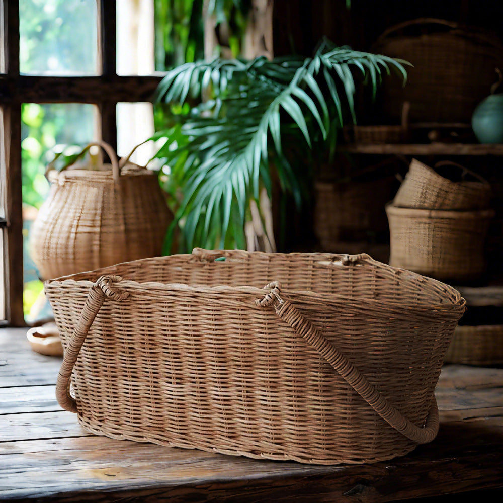 Wicker Picnic Basket with Handle, Garden and Home Decor -Wicker Storage Basket-Natural