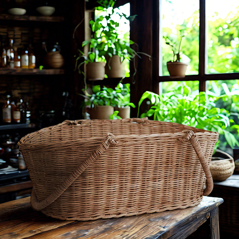 Wicker Picnic Basket with Handle, Garden and Home Decor -Wicker Storage Basket-Natural