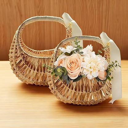 Small Gift Wicker Picnic Basket with Handle,Willow Flower Girl Basket for Weddings，Garden and Home Decor -Wicker Storage Basket-Natural