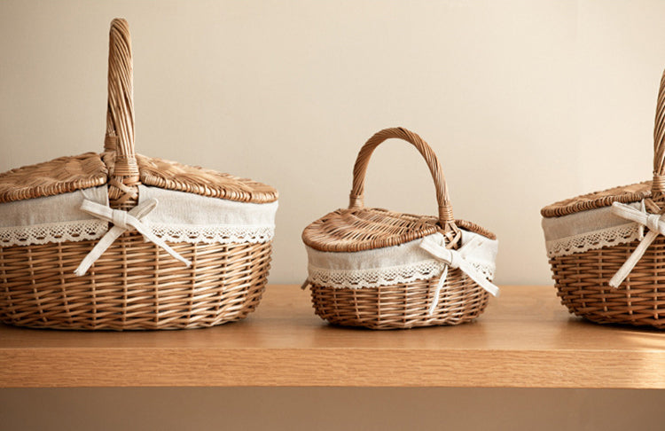 Wicker Picnic Basket with Handle, Garden and Home Decor -Wicker Storage Basket-Natural