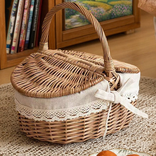 Wicker Picnic Basket with Handle, Garden and Home Decor -Wicker Storage Basket-Natural