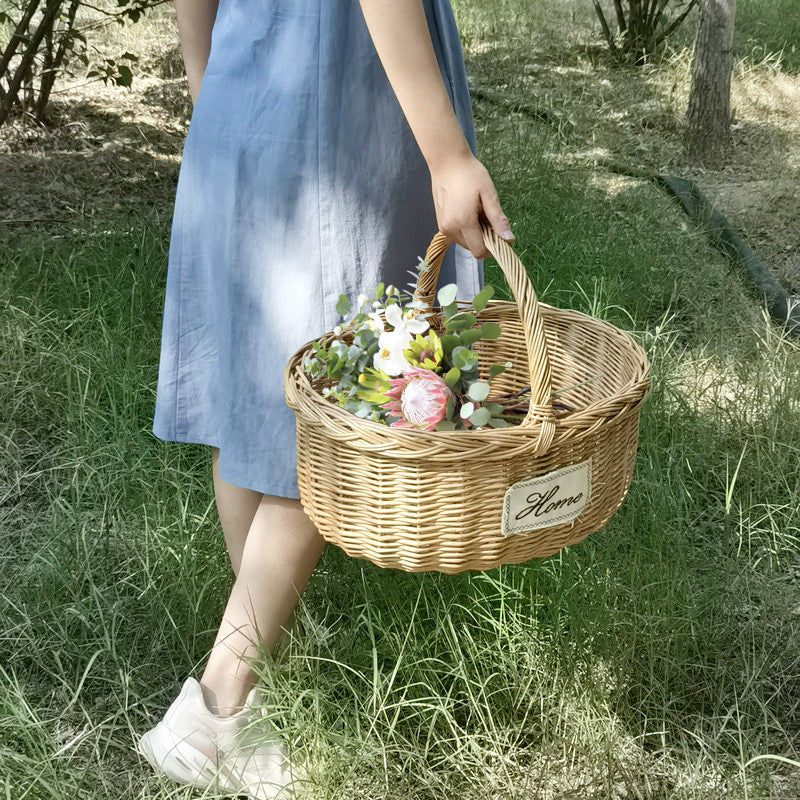 Wicker Picnic Basket with Handle, Garden and Home Decor -Wicker Storage Basket-Natural